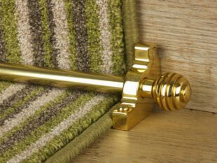Sphere stair rods polished brass on green striped runner
