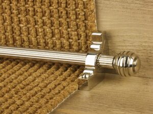 Sphere stair rod with reeded bar and spherical end and matching bracket in Polished Nickel, fixed to sisal runner