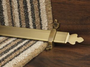 Beaumont design of stair rod with decorative ends, antique brass, fitted to stair runner