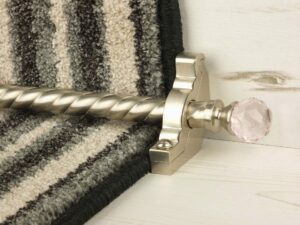 Crystal Rose carpet rod with matching brackets on striped stair runner, satin nickelS