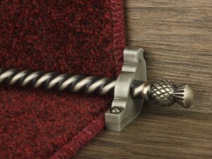 Arran stair carpet rod, thistle end, twisted design rod, bracket, pewter