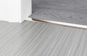 Polished nickel Premier Z4 door threshold strip joining a thin flatweave carpet to a wood floor