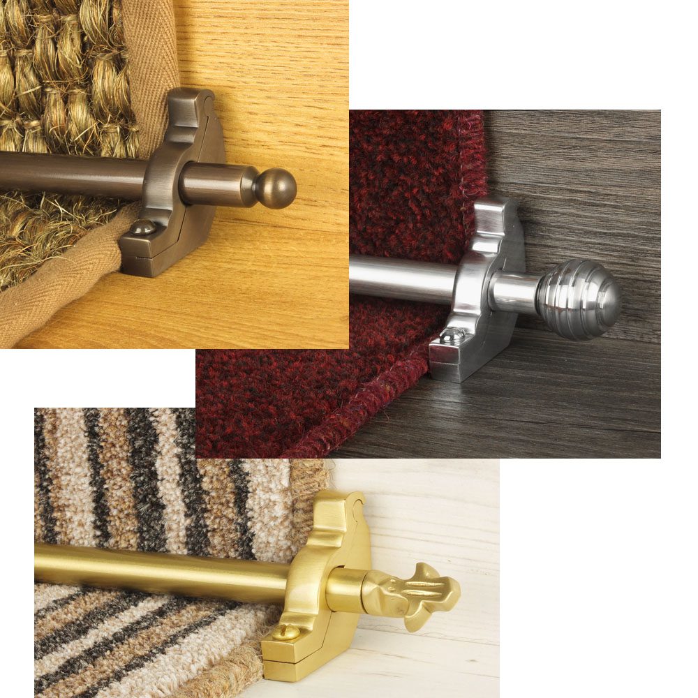 Three classically styled stair rods direct showing ball, fleur-de-lys and sphere designs