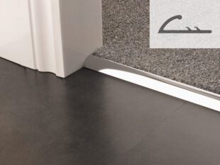 Single naplock door threshold strip joins brown carpet to brown vinyl floor plus profile diagram
